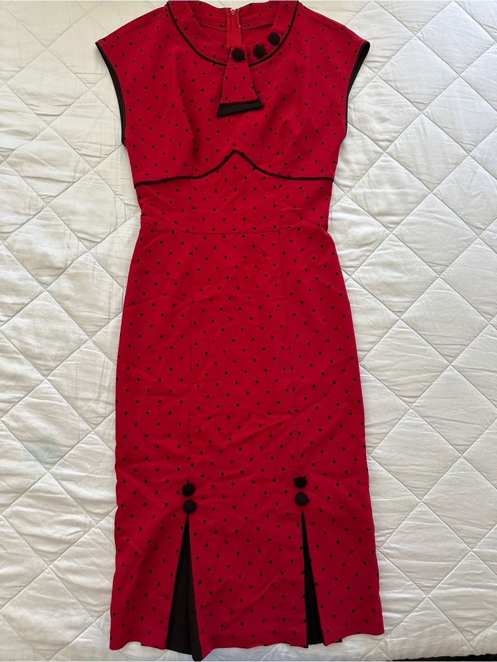 Stop Staring Red Polka Dot Sheath Dress with Black Trim